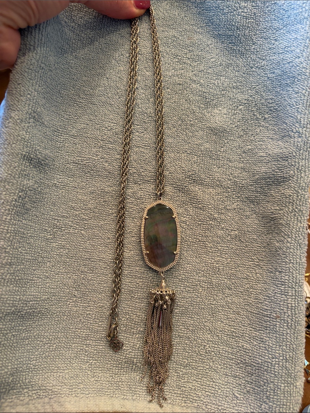 Kendra Scott Silver Iridescent Grey Stone Tassel Necklace